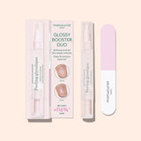 The Glossy Booster Duo by Manucurist—featuring a gentle nail exfoliator and a pink and white nail file—stands upright on a light beige background, perfect for achieving glossy nails.