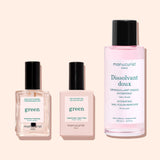 A pink bottle from the Manucurist Green™ Base, Top Coat  Nail Polish Remover Trio with a black cap is displayed against a light background. Perfect for removing Green nail polish or refreshing your gel-effect manicure, its label displays details in both French and English.