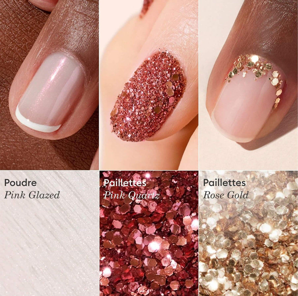 Trios de paillettes et poudres à effets - White Glazed + Pink Glazed + Golden Glazed