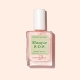 A bottle of Manucurist S.O.S. Nail Mask, a hydrating nail treatment with pink liquid and a white cap, sits against a light pink background. The label shows both French and English text.
