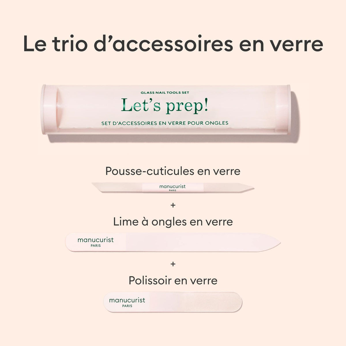 Trio Accessoires en verre pour ongles - Lime à ongles + Polissoir + Pousse-cuticules en verre