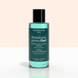 A green bottle of + Green Flash™ Gel Polish Remover by Manucurist-test, gentle and acetone-free with 99.4% bio-sourced ingredients, stands on a pale surface against a light background.