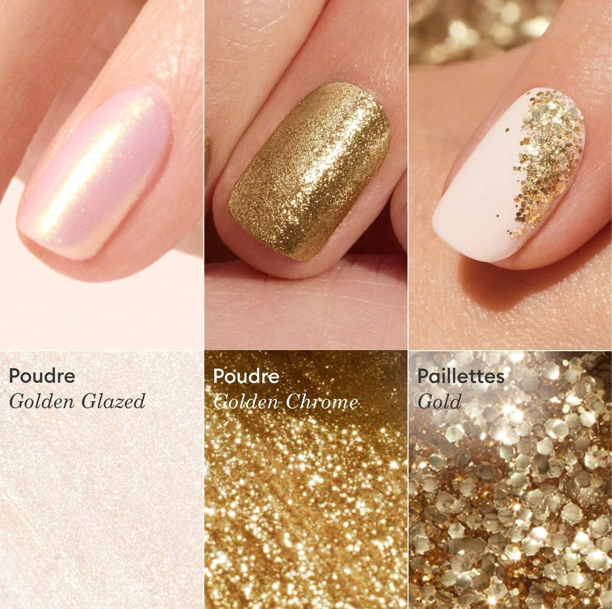 Trios de paillettes et poudres à effets - White Glazed + Pink Glazed + Golden Glazed